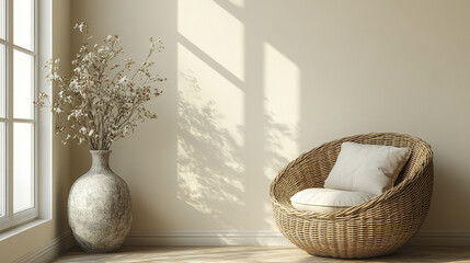 Fototapeta premium cozy wicker chair beside vase with dried flowers casts soft shadows on beige wall
