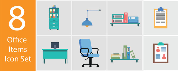 Office Items Icon Set – 12 Flat Vector Illustrations for Business, Work, and Productivity Design