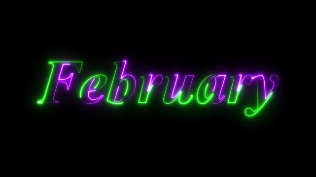 Neon february text animation on black background. february month neon line text concept. animated text effect with high visual impact. february neon looping animation. 2nd month of year