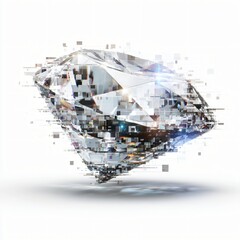 A radiant diamond shimmers, its facets fractured into digital pixel fragments, abstract style,