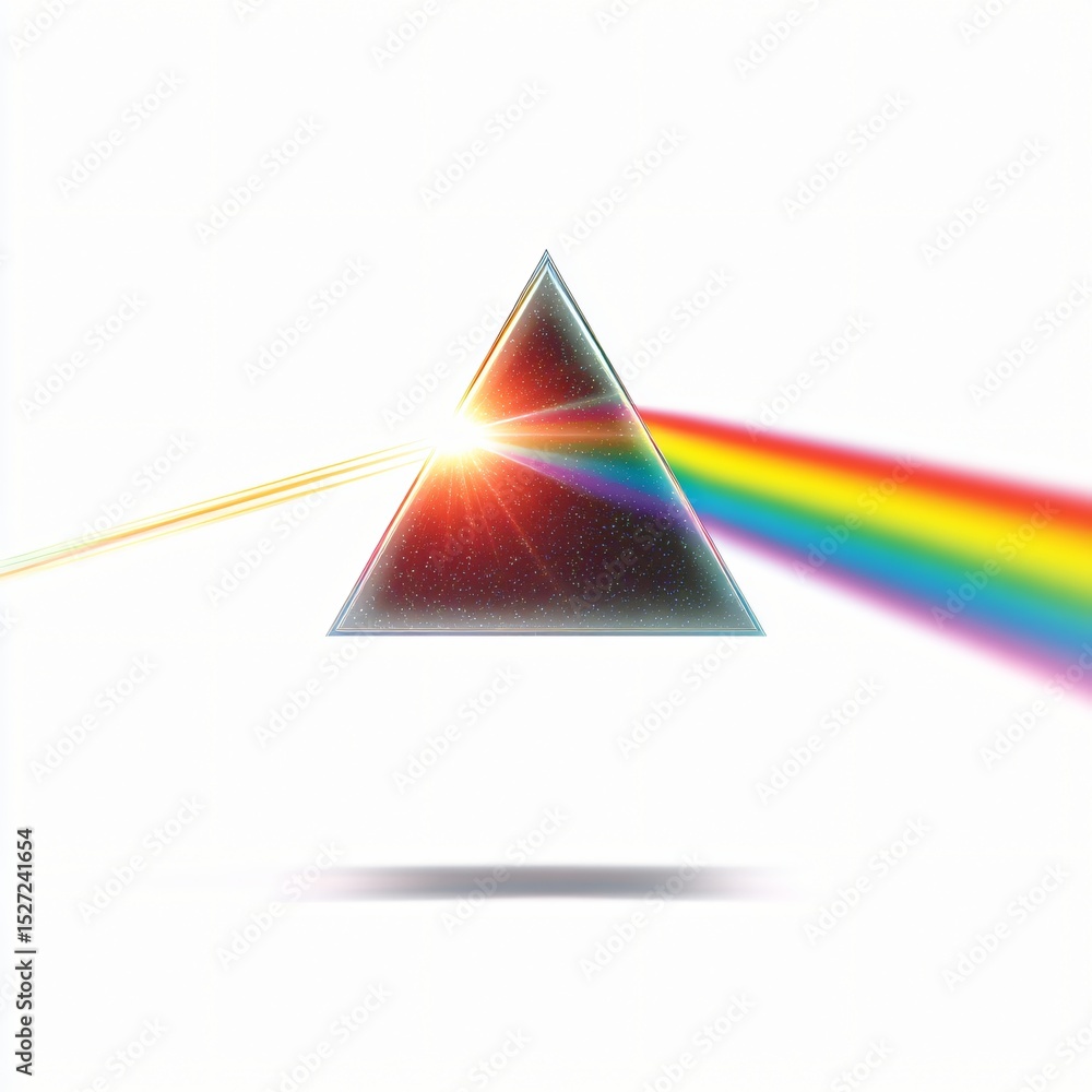 Poster prism refracts light into a vibrant spectrum, showcasing dispersion and creating a colorful display.
