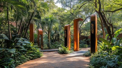 Fototapeta premium Lush garden path with modern metal structures