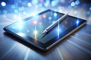 Digital tablet and stylus glowing under futuristic lighting representing creative technology
