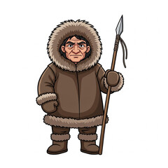 Fototapeta premium Mature Eskimo Hunter in Traditional Clothes with Spear – Vector Illustration