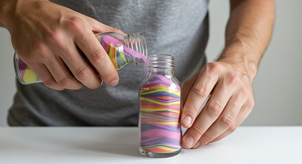 A pair of hands carefully pouring colored sand into a glass bottle creating layered sand art, crisp textures and vibrant color bands, realistic on white background,
