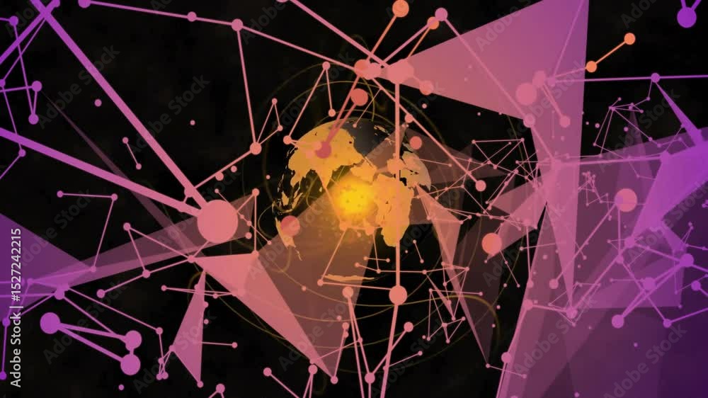 Poster golden glow sparking nodes drifting and forming pulsing facets around globe visualizing network