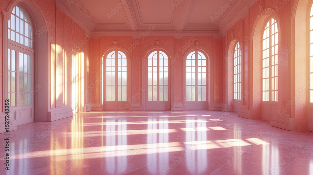 Poster bright, empty room with large windows and soft light creating serene atmosphere