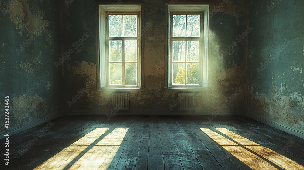 Poster serene empty room with sunlight streaming through two windows, creating tranquil atmosphere