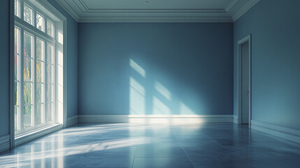 serene empty living room with blue tones and soft sunlight streaming through windows