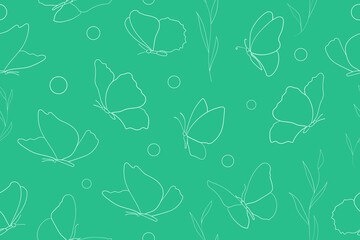 Butterflies on a green background. Contour drawing, thin line. Seamless pattern under clipping mask, convenient for editing. The background color can be easily replaced. Background for decor.