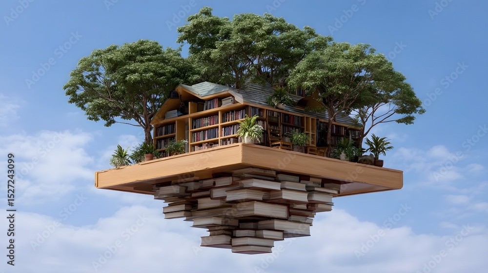 Poster enchanting floating treehouse made of books