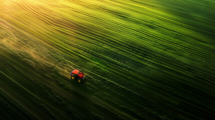 Aerial view of red tractor plowing green farmland with dramatic shadows during golden hour