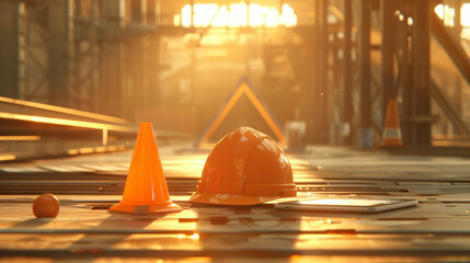 Close-up of construction safety equipment on site during sunrise with glowing light rays