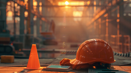 Close-up of construction safety equipment on site during sunrise with glowing light rays