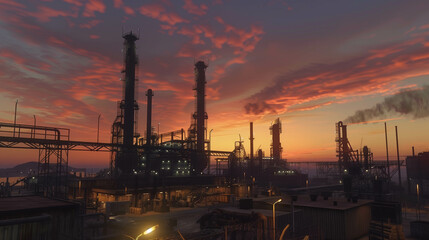 Industrial oil refinery complex silhouetted against colorful dusk sky with smoke emissions