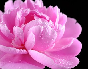 Fototapeta premium Pink peony in water droplets on black background, close-up