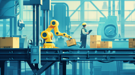 Illustrated smart factory with robotic arm and worker collaborating in automated production line