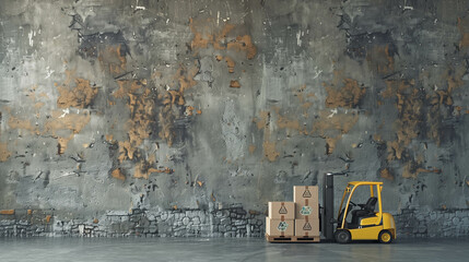 Industrial forklift transporting cardboard boxes against aged warehouse wall