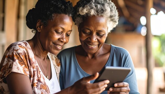 Two senior women looking at a tablet