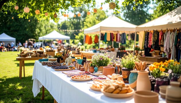Sunny Outdoor Market with Artisan Goods and Food