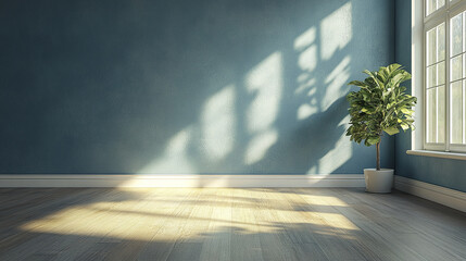 serene empty living room with blue tones and natural light streaming in, creating calm