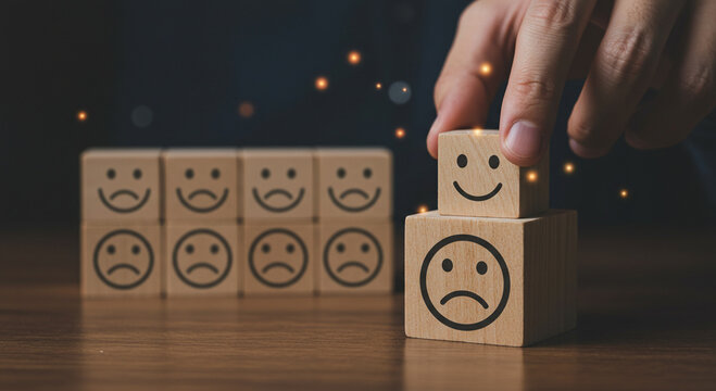 Hand placing a happy face block on a sad face block, customer experience concept