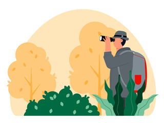 Man doing bird watching stands behind forest bushes. Bird watch illustration. Flat vector illustration.