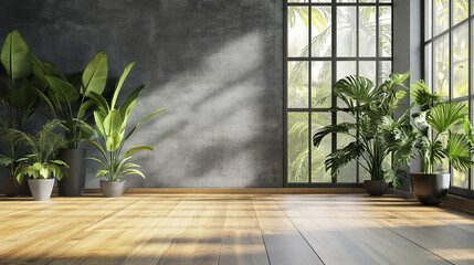 bright and airy modern loft with large windows and lush green plants creating serene atmosphere