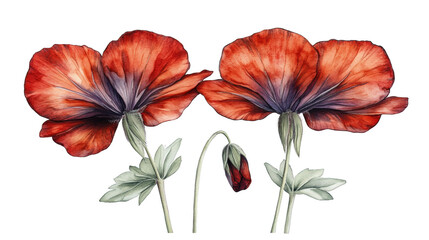 Watercolor Painted Flowers with Red Petals and PNG Transparent Background