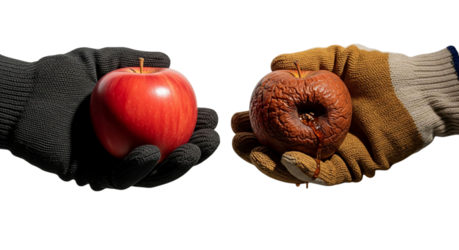 Two Gloved Hands Presenting a Contrast Between a Fresh Red Apple and a Wrinkled, Decayed One