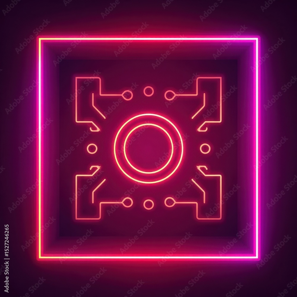 Poster neon glowing square design with intricate circuitry pattern.