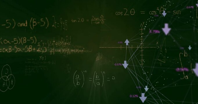 Camera focusing chalkboard evolving equations plotting graphs while network pulsing to sphere graph - Powered by Adobe