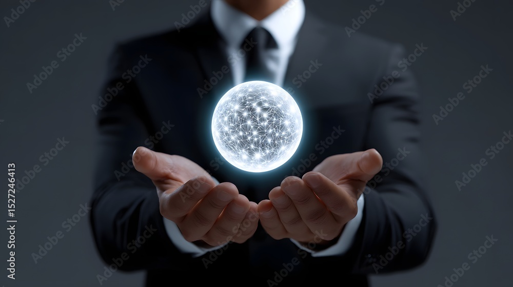 Poster man in suit holding glowing data orb, futuristic knowledge metaphor