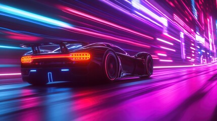 A neon-lit cyber highway where autonomous electric vehicles race