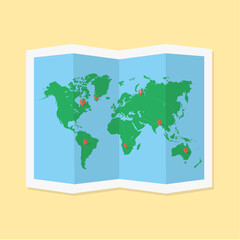 Illustration vector graphic of a folded world map featuring green continents, location markers, and dotted travel routes. Perfect for travel, exploration, and global journey concepts