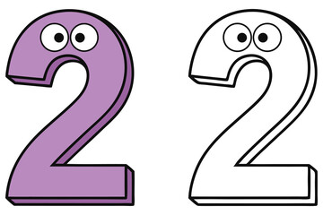 A purple cartoon number two stands near a monochrome version, both with eyes