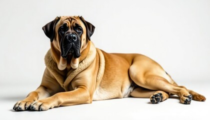 Obraz premium Large mastiff, relaxed pose, pure white backdrop, purebred, relaxed