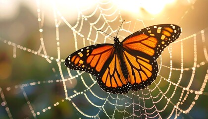 Fototapeta premium Orange Butterfly on Dewy Spiderweb at Sunrise