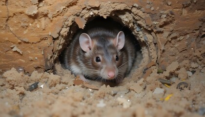 Close-up of rat in home insulation. Rodent peeks out, highlighting pest control need. Attic, wall damage signals infestation. Prevention, removal crucial for hygiene,
