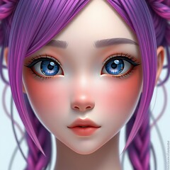 Anime Girl Portrait with Purple Hair and Big Eyes | Retrato de Chica Anime con Cabello Morado y Ojos Grandes 3D Anime Girl with Purple Hair and Big Eyes

