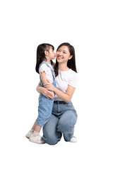 Full body of Asian mother and daughter posing on PNG  background	
