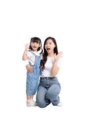 Full body of Asian mother and daughter posing on PNG  background	
