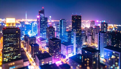 Obraz premium An aerial view of the vibrant city skyline at night showcases illuminated skyscrapers, reflecting colorful lights creating a stunning and modern urban landscape.