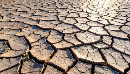 The parched earth shows deep cracks from the extended drought, leaving a barren landscape reflecting the effects of climate change on our environment today.