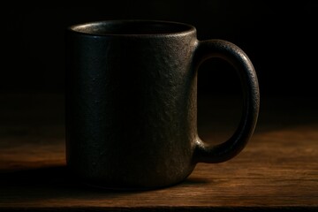 Minimalist Black Ceramic Mug on Wooden Surface – Dark Mood Photography