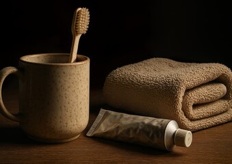 Rustic Bathroom Essentials – Toothbrush, Towel, and Toothpaste Still Life