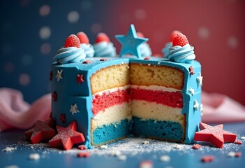 Birthday cake with candles in American flag color concept style.