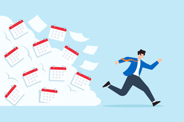 Flat illustration of frustrated businessman running from avalanche of calendar pages symbolizing deadline stress and time pressure
