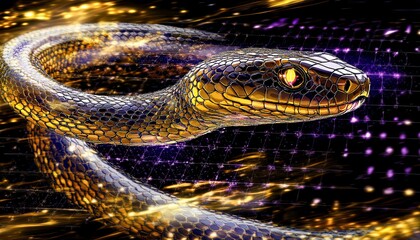 Obraz premium Golden Serpent Coiled in Cosmic Energy Flow