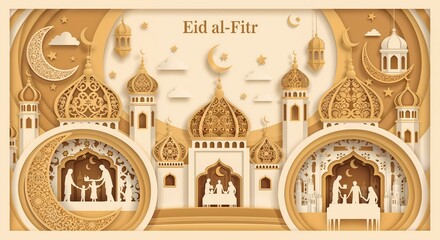 Eid al-Fitr Celebration Paper Cut Art Design Featuring Mosques, Family, and Festive Elements